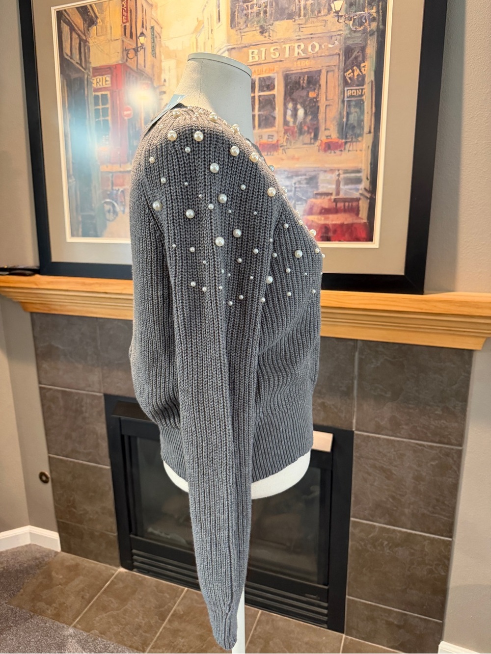 Women's Loft NWT Grey Pearl-Embellished Sweater - Picture 3 of 9